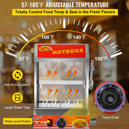 VEVOR Hot Dog Steamer,27L,2-Tier Hut Steamer for 175 Hot Dogs & 40 Buns, Electric Bun Warmer Cooker w/Tempered Glass Slide Doors