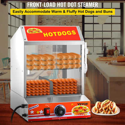 VEVOR Hot Dog Steamer,27L,2-Tier Hut Steamer for 175 Hot Dogs & 40 Buns, Electric Bun Warmer Cooker w/Tempered Glass Slide Doors