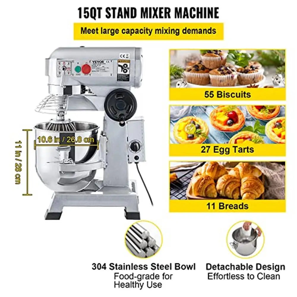 Heavy Duty 15Qt Stainless Steel Commercial Stand Mixer with 3 Speeds Adjustable