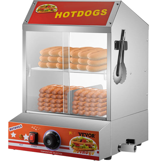 VEVOR Hot Dog Steamer,27L,2-Tier Hut Steamer for 175 Hot Dogs & 40 Buns, Electric Bun Warmer Cooker w/Tempered Glass Slide Doors