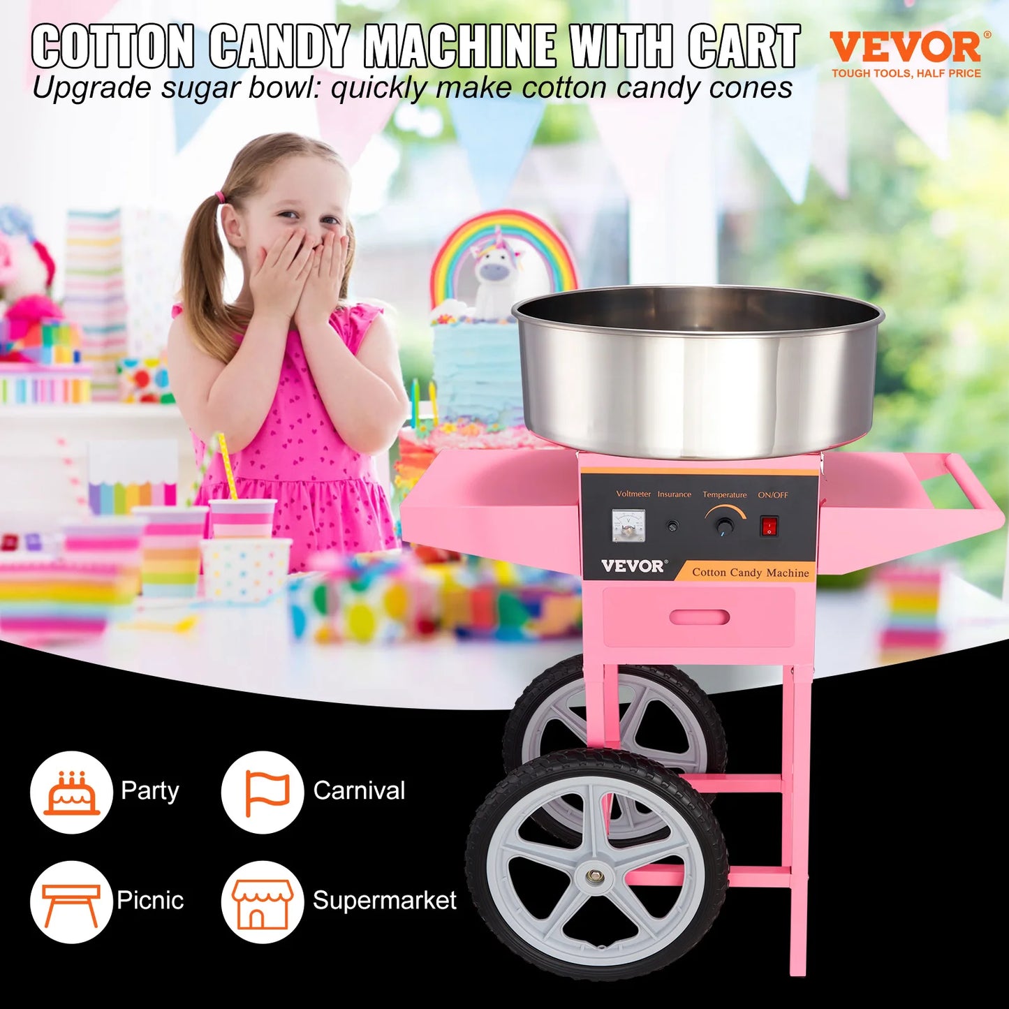 VEVOR Electric Cotton Candy Machine with Cart 1000W Commercial Floss Maker with Stainless Steel Bowl Sugar Scoop and Drawer