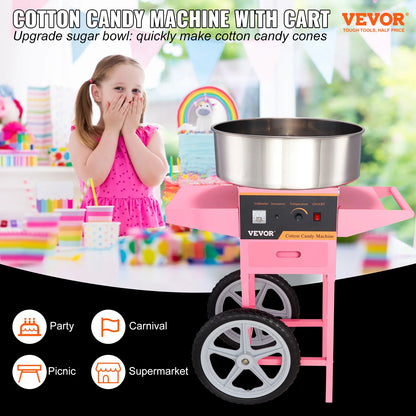 VEVOR Electric Cotton Candy Machine with Cart 1000W Commercial Floss Maker with Stainless Steel Bowl Sugar Scoop and Drawer